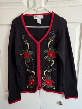 Vintage Heirloom Collectibles Christmas Cardigan Poinsettia Beaded Large